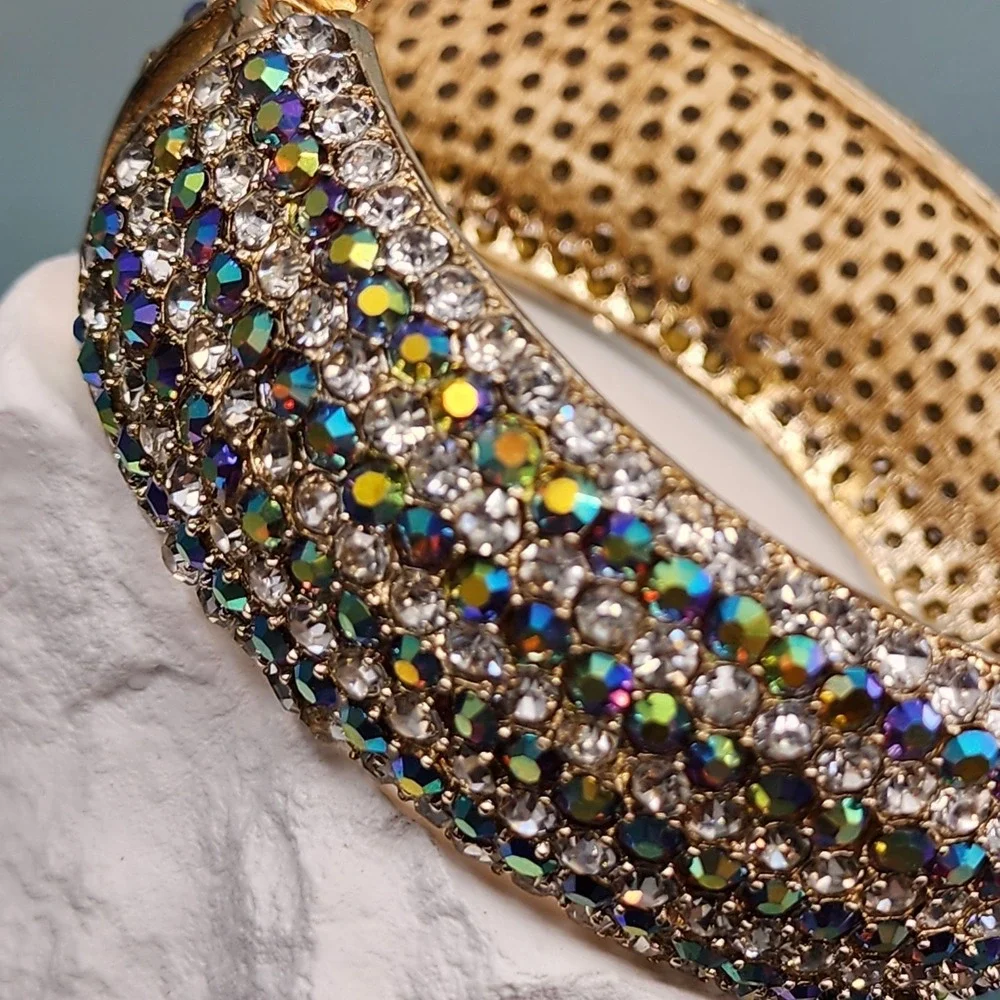 Aurora Borealis Rhinestone Wide Hinged Bangle Bracelet Gold Tone Glam Statement